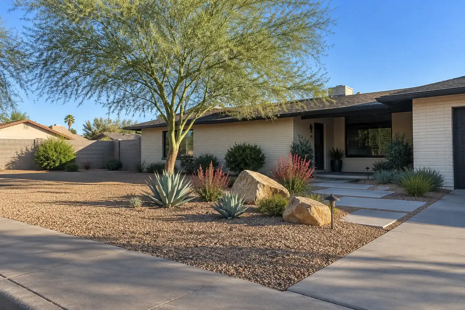 Desert front yard with a palo verde tree, agaves, boulders and gravel beds in front of a single-story ranch house