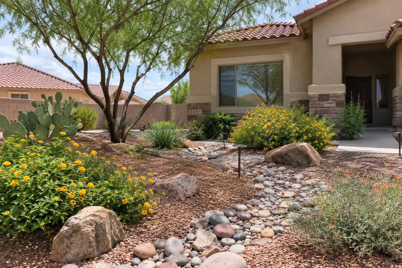 Dry creek bed of river rock winding through decomposed granite, boulders, prickly pear and yellow lantana
