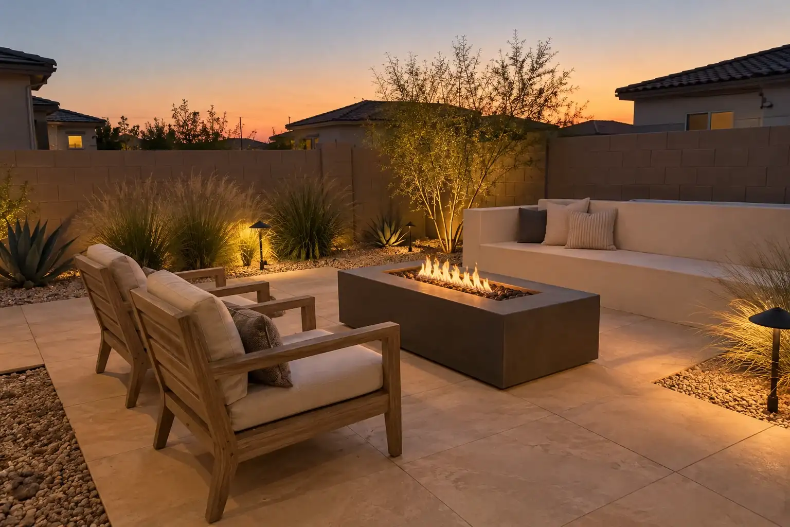 Stone patio at dusk with a rectangular fire table, two lounge chairs and lit desert grasses along the wall