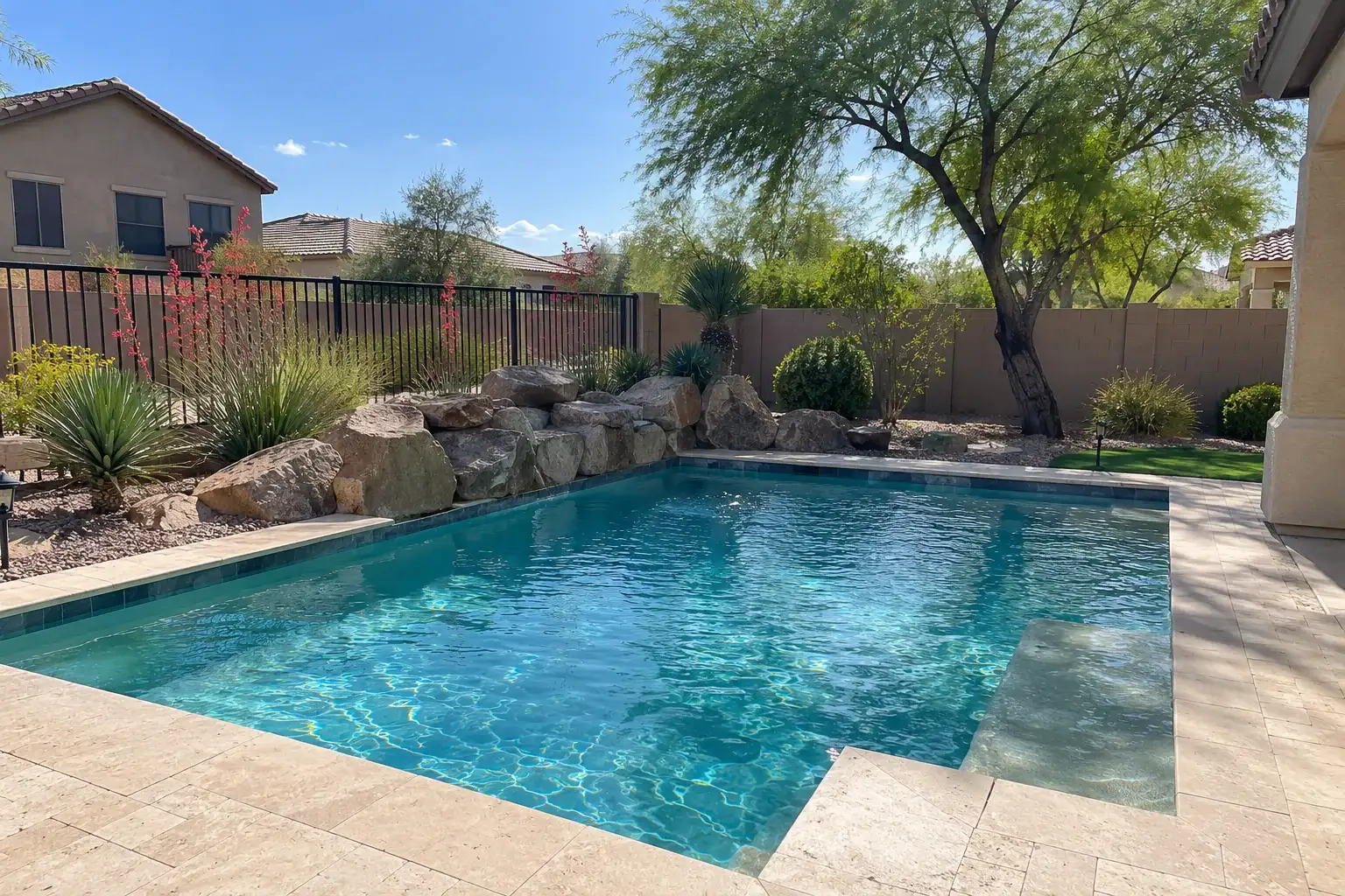Backyard pool with a travertine deck, boulders and desert planting along an iron fence