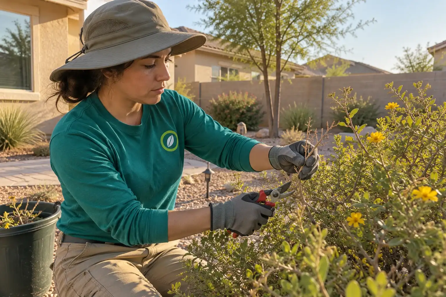 Landscaper in a sun hat trimming a flowering desert shrub with hand pruners