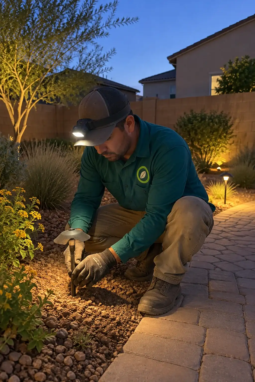 Landscaper adjusting a path light beside a paver walk at blue hour